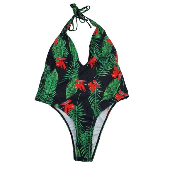 SHEIN Other - SHEIN Womens Tropical One-Piece Swimsuit XL Deep V-Neck Bathing Suit Green NWOT